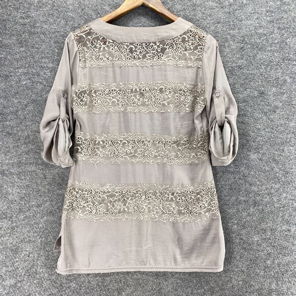 BCBGMAXAZRIA Blouse Women M Medium Gray Striped V-Neck Short Sleeve Casual - Picture 2 of 7